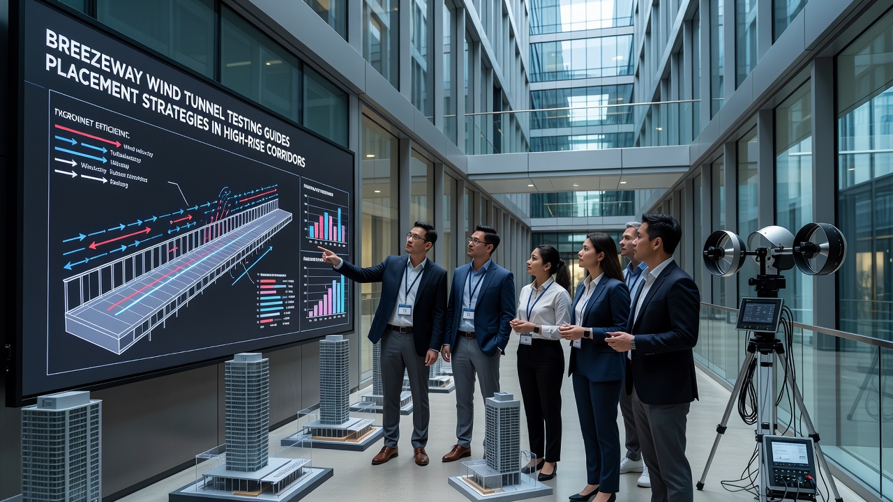 Engineers reviewing wind tunnel data outputs for high-rise breezeway corridor placement decisions