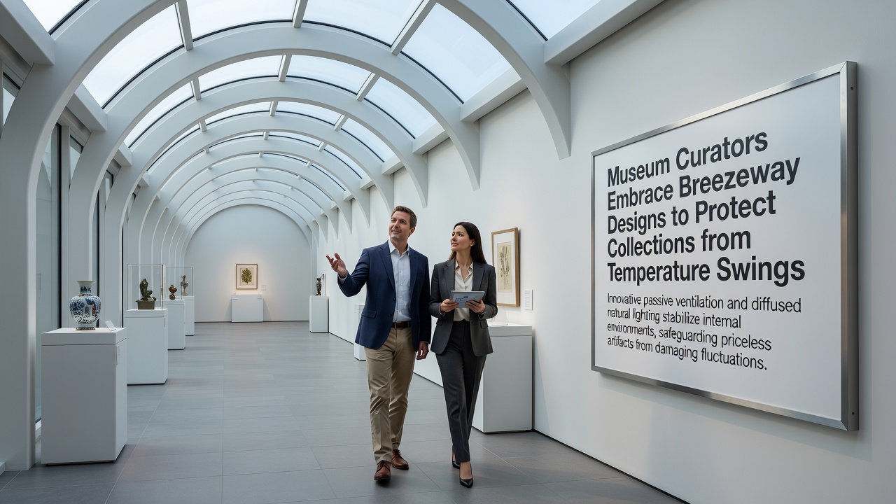 Interior view of a museum breezeway with controlled airflow features and artifact display cases positioned along ventilated walls